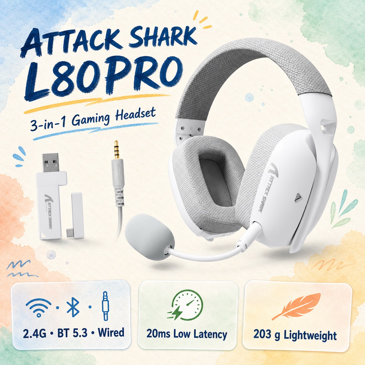 Esports Gaming Earbuds - ATTACK SHARK L80PRO Ultra‑Light 3‑in‑1 Gaming